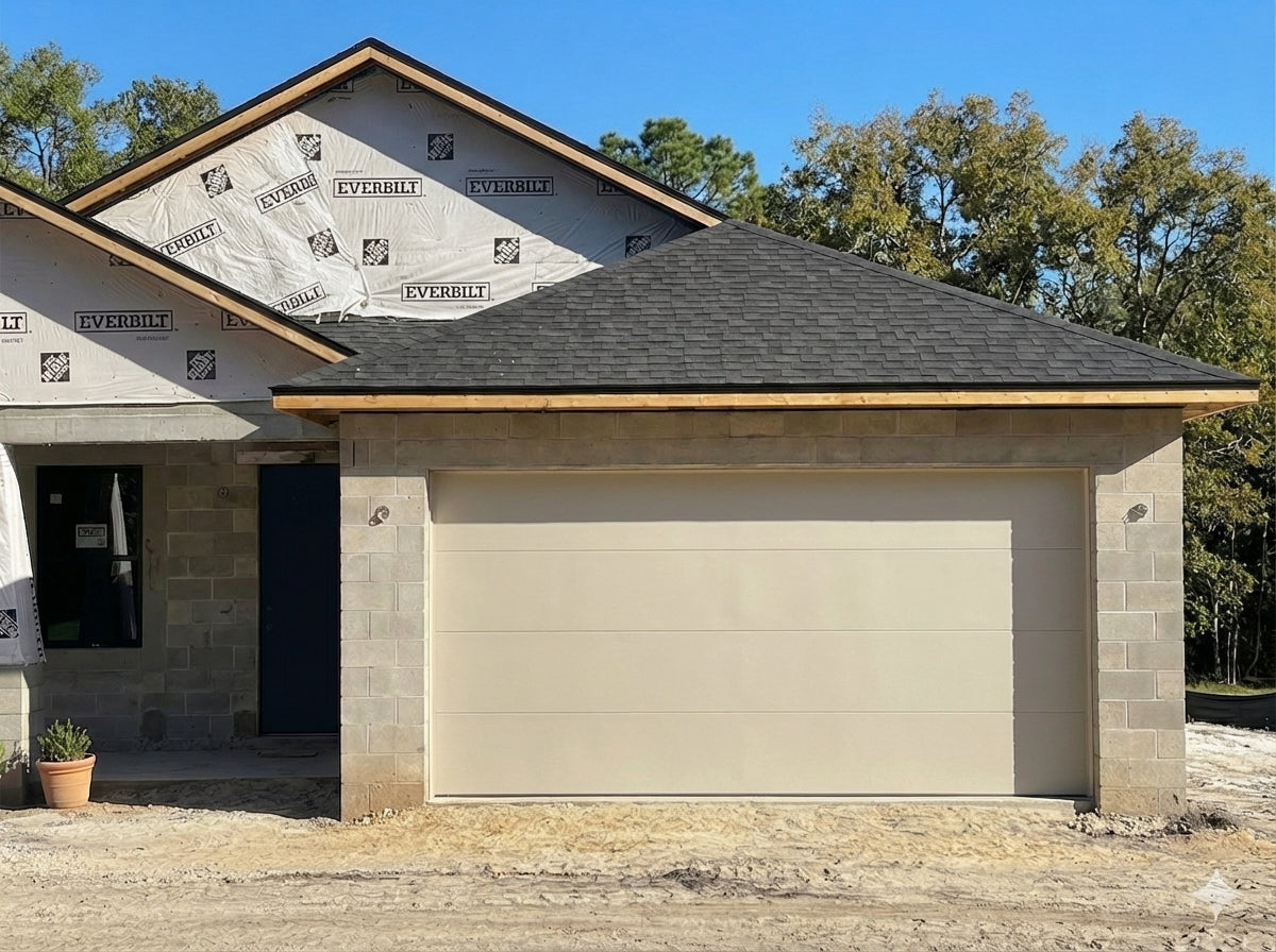 Modern Flush Panel - Hurricane Rated in Almond installed on a home (double-car)