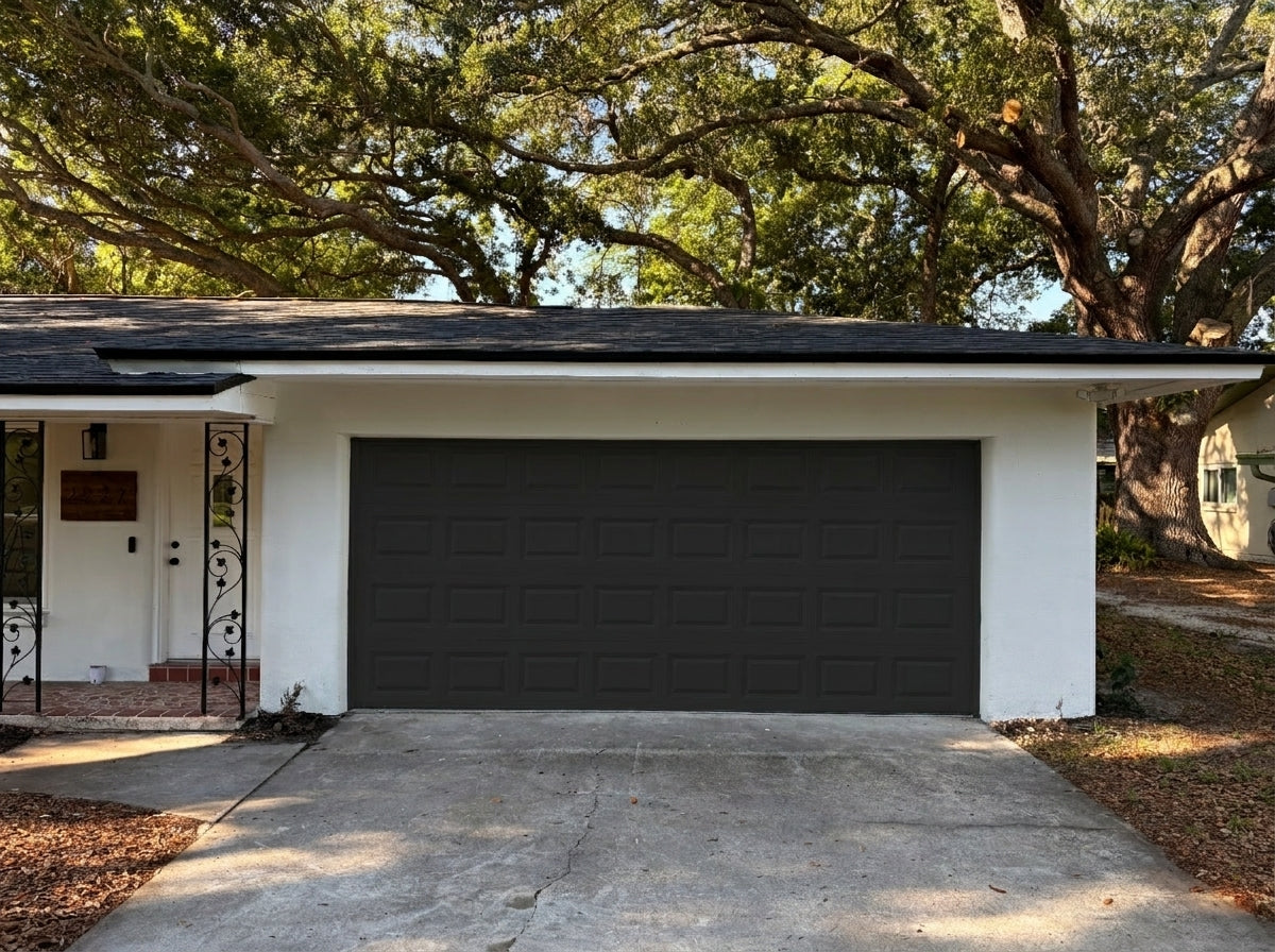 Classic Short Raised Panel - Hurricane Rated in Black installed on a home (double-car)