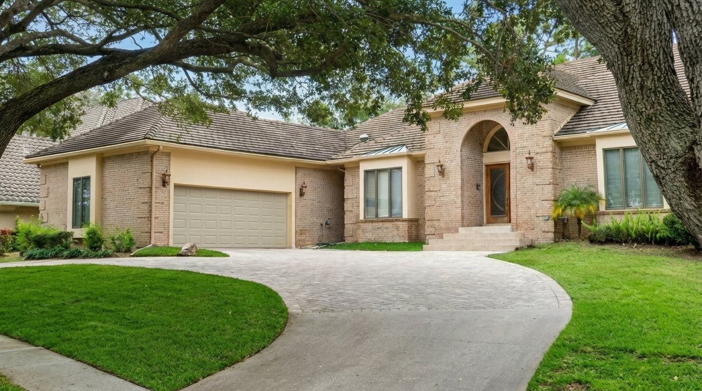 Classic Short Raised Panel - Hurricane Rated in Desert Tan installed on a home (double-car)
