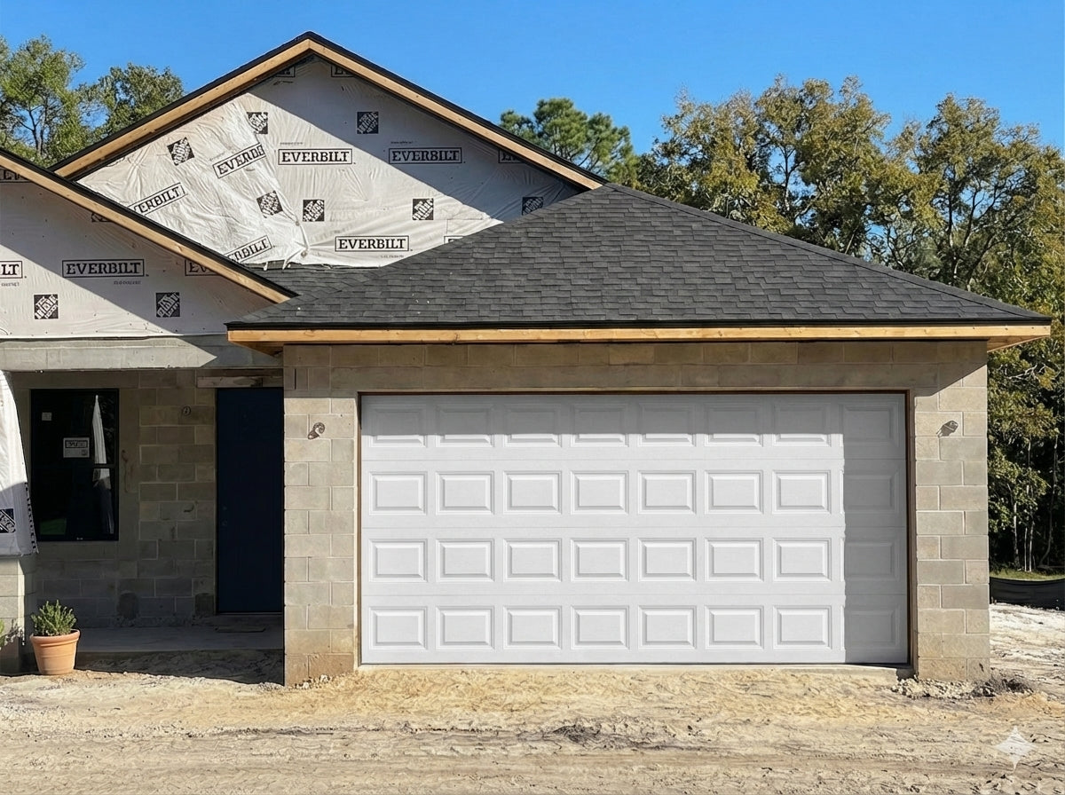 Classic Short Raised Panel - Hurricane Rated in White installed on a home (double-car)